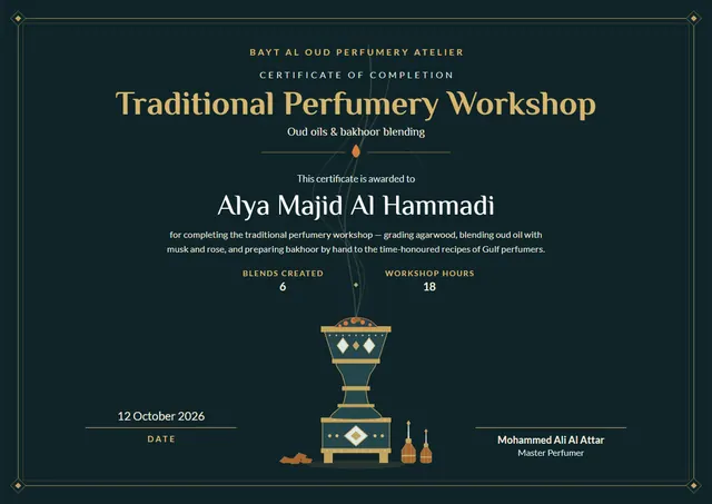 Black Flame Traditional Perfumery Workshop Certificate template, A4 landscape, in black
