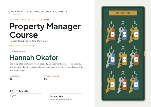 Forest Green Modern Property Manager Course Certificate template, A4 landscape, in forest green