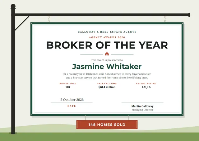 Forest Green Cloud Real Estate Broker of the Year Award template, A4 landscape, in forest green