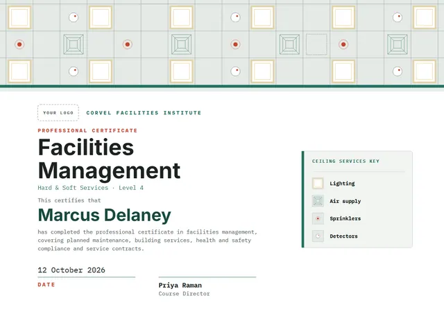 Terracotta Geometric Facilities Management Certificate template, A4 landscape, in terracotta