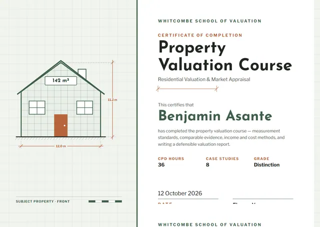 Emerald Banded Property Valuation Course Certificate template, A4 landscape, in emerald