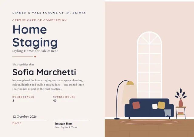 Copper Wave Home Staging Certificate template, A4 landscape, in copper