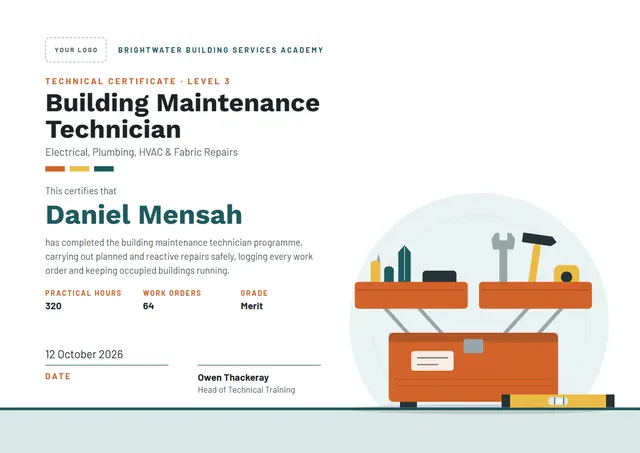 Teal Sunburst Building Maintenance Technician Certificate template, A4 landscape, in teal