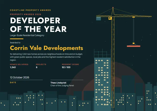 Black Moonlit Property Developer Award template, A4 landscape, in black