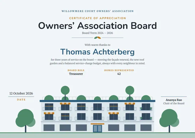 Ocean Blue Floral Owners' Association Board Certificate template, A4 landscape, in ocean blue