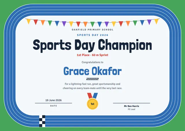 Steel Blue Medal Sports Day Certificate template, A4 landscape, in steel blue