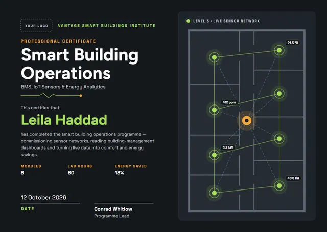 Black Modern Smart Building Operations Certificate template, A4 landscape, in black