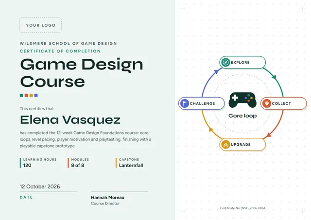 Mint Orbit Game Design Course Certificate template, A4 landscape, in mint