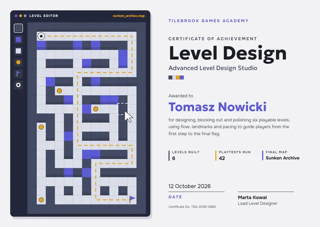 Charcoal Starry Level Design Certificate template, A4 landscape, in charcoal grey