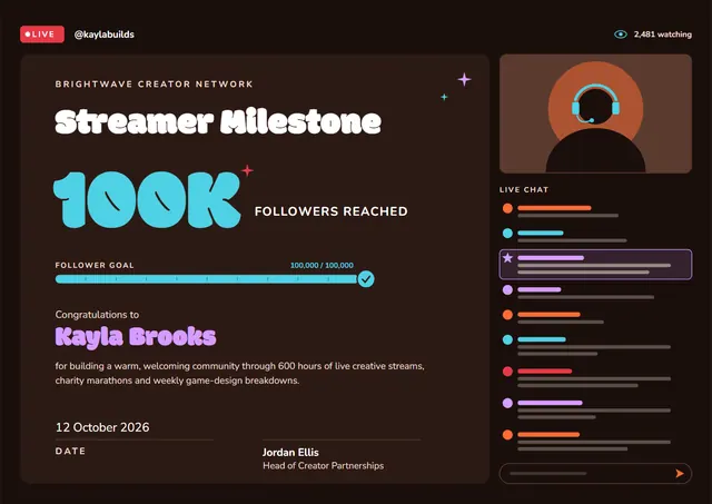 Chocolate Starry Streamer Milestone Certificate template, A4 landscape, in chocolate