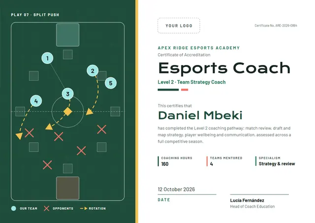 Forest Green Banded Esports Coach Certificate template, A4 landscape, in forest green