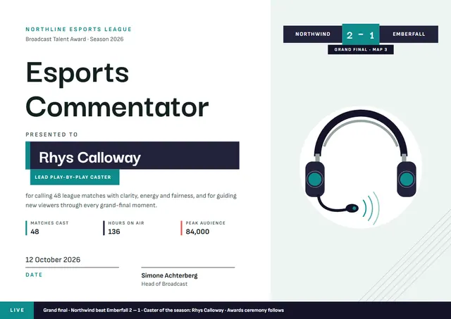Teal Wave Esports Commentator Certificate template, A4 landscape, in teal
