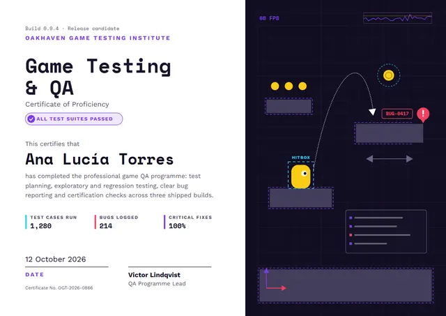 Black Chart Game Testing Certificate template, A4 landscape, in black