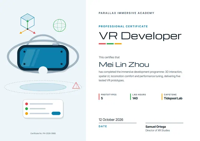 Silver Banded VR Developer Certificate template, A4 landscape, in silver