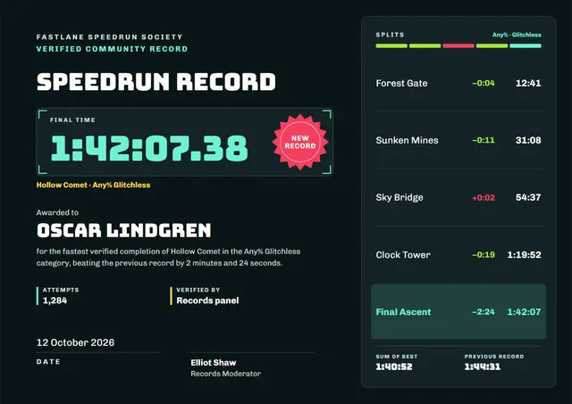 Black Ornate Speedrun Record Certificate template, A4 landscape, in black
