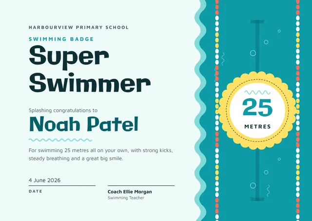 Turquoise Wave Swimming Badge Certificate template, A4 landscape, in turquoise