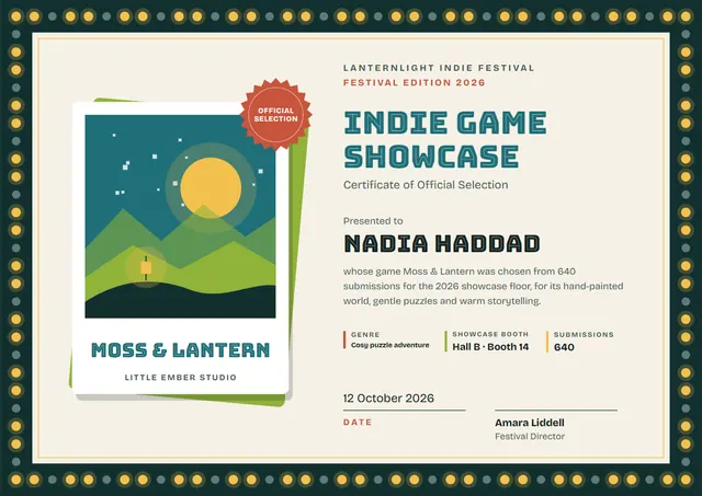 Forest Green Sunburst Indie Game Showcase Certificate template, A4 landscape, in forest green