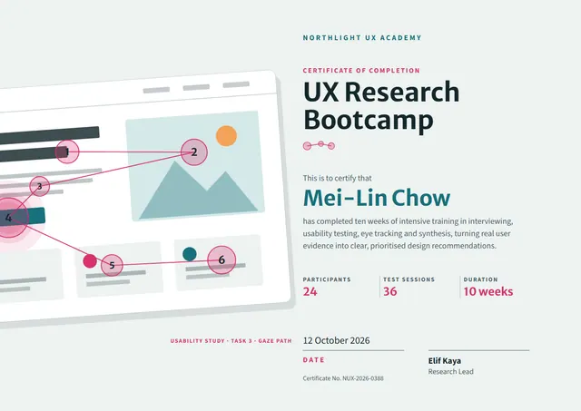 Slate Sunburst UX Research Bootcamp Certificate template, A4 landscape, in slate grey