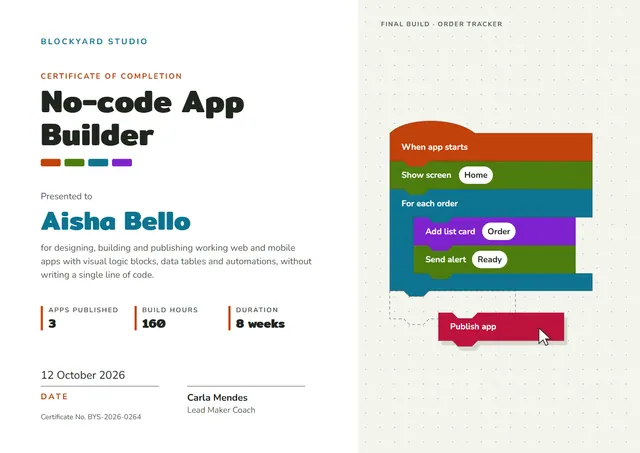 Ocean Blue Modern No-Code App Builder Certificate template, A4 landscape, in ocean blue