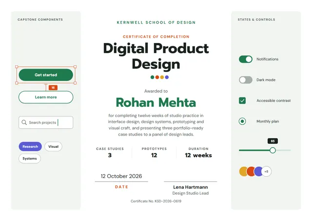 Emerald Wave Digital Product Design Certificate template, A4 landscape, in emerald