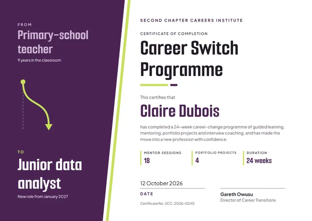 Plum Banded Career Switch Programme Certificate template, A4 landscape, in plum
