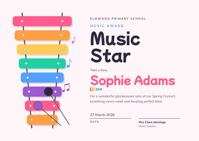 Pink Playful Music Star Award template, A4 landscape, in pink