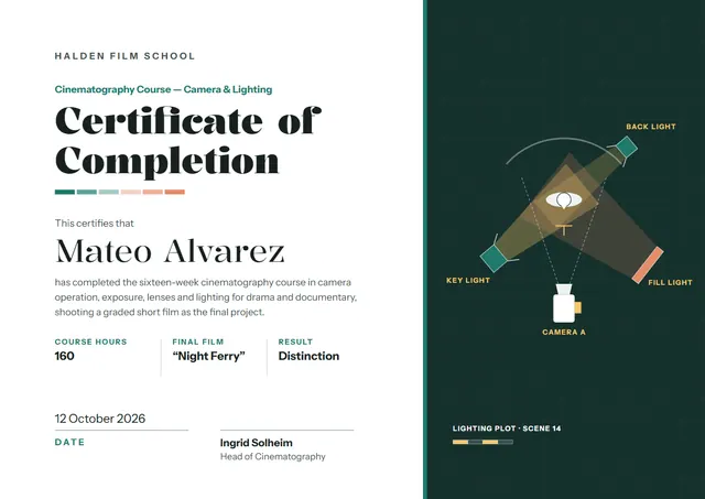 Forest Green Banded Cinematography Course Certificate template, A4 landscape, in forest green