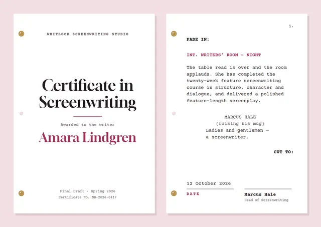 Fuchsia Classic Screenwriting Certificate template, A4 landscape, in fuchsia