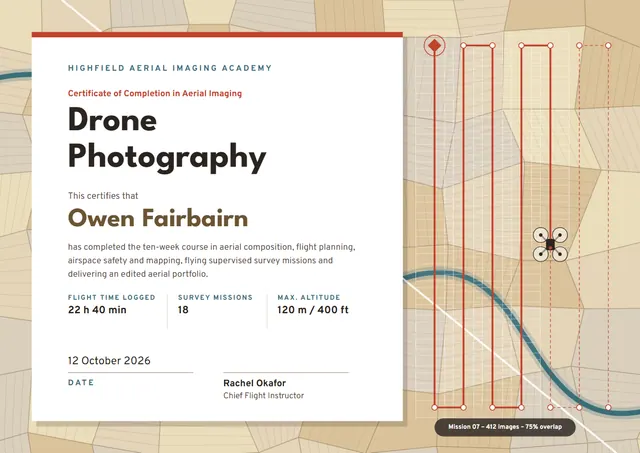 Gold Globe Drone Photography Certificate template, A4 landscape, in gold