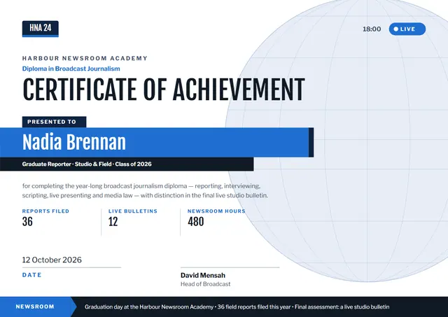 Steel Blue Globe Broadcast Journalism Certificate template, A4 landscape, in steel blue