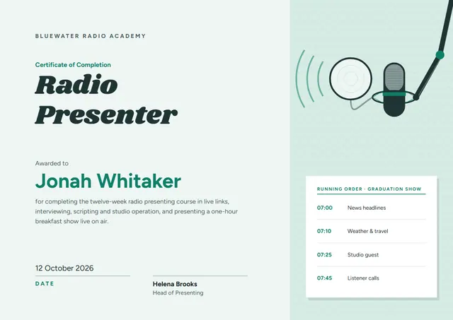 Teal Banded Radio Presenter Certificate template, A4 landscape, in teal