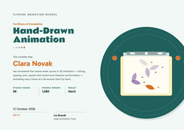 Teal Bordered Animation Course Certificate template, A4 landscape, in teal
