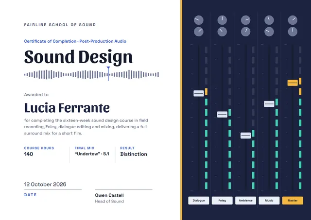 Midnight Wave Sound Design Certificate template, A4 landscape, in midnight blue