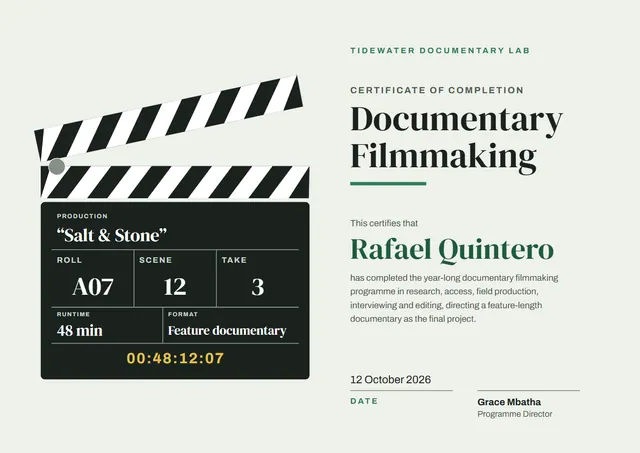 Forest Green Banded Documentary Filmmaking Certificate template, A4 landscape, in forest green