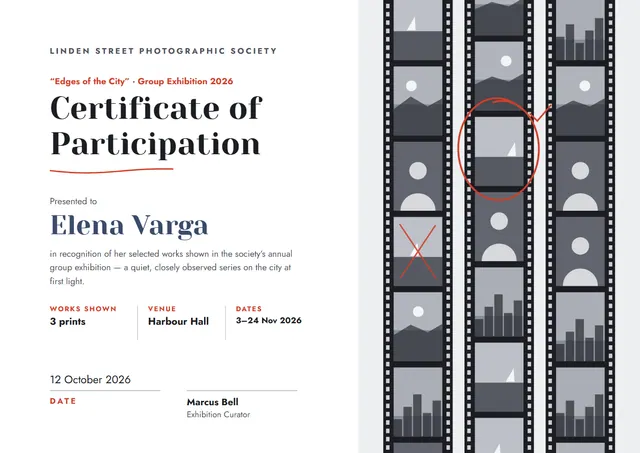 Terracotta Orbit Photo Exhibition Participation Certificate template, A4 landscape, in terracotta