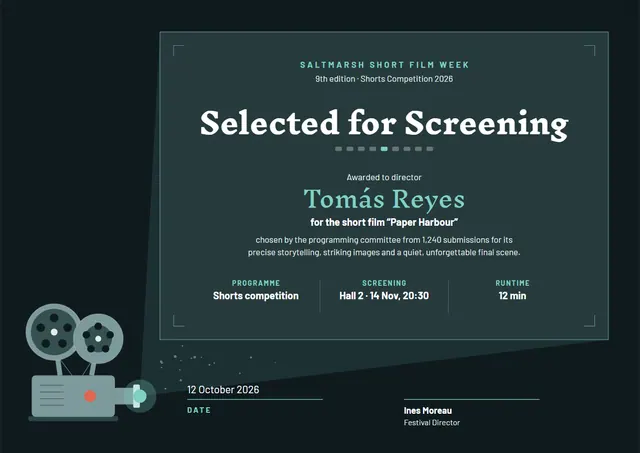 Black Ticket Short Film Festival Selection Certificate template, A4 landscape, in black