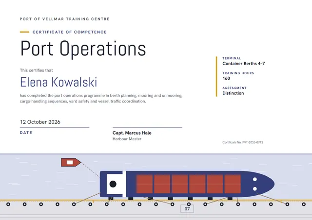 Slate Wave Port Operations Certificate template, A4 landscape, in slate grey