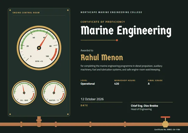 Black Gear Marine Engineering Certificate template, A4 landscape, in black