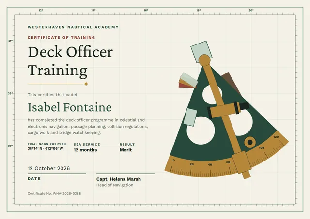 Forest Green Chart Deck Officer Training Certificate template, A4 landscape, in forest green