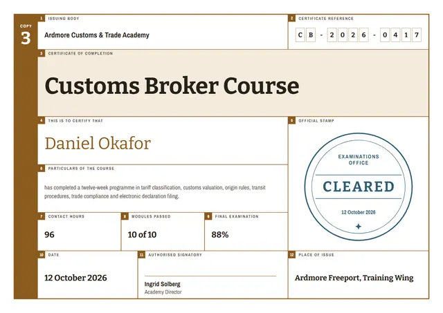 Bronze Geometric Customs Broker Course Certificate template, A4 landscape, in bronze