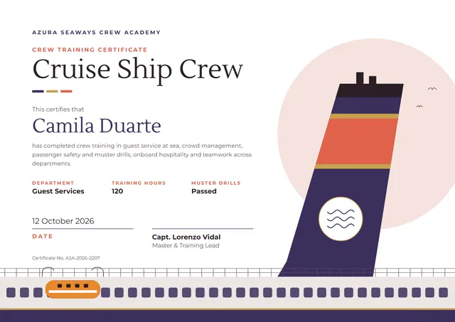 Charcoal Wave Cruise Ship Crew Certificate template, A4 landscape, in charcoal grey