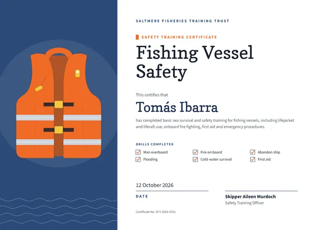 Ocean Blue Wave Fishing Vessel Safety Certificate template, A4 landscape, in ocean blue