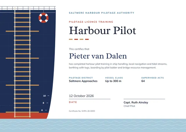 Navy Wave Harbour Pilot Certificate template, A4 landscape, in navy