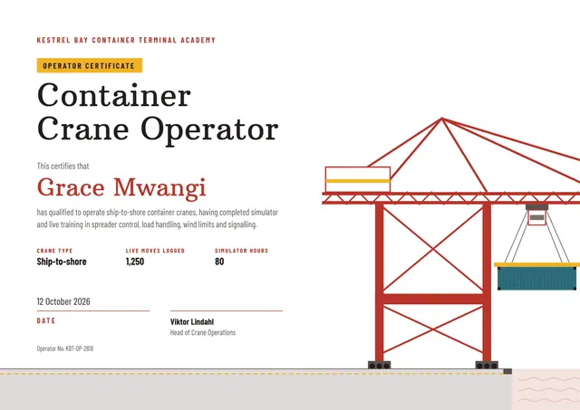 Terracotta Wave Container Crane Operator Certificate template, A4 landscape, in terracotta