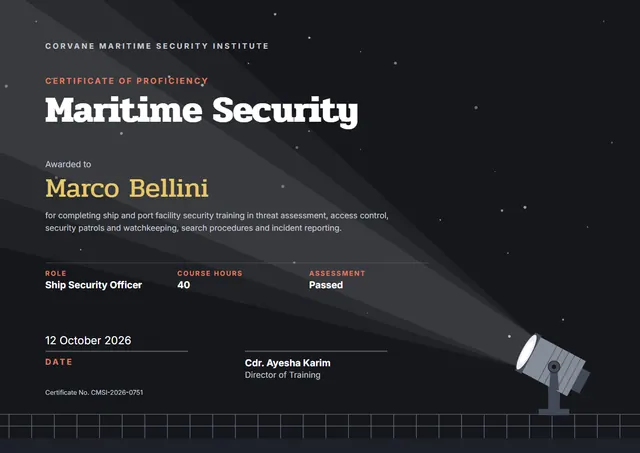 Sunshine Yellow Starry Maritime Security Certificate template, A4 landscape, in sunshine yellow