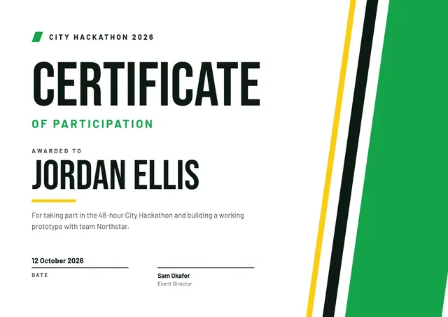 Emerald Modern Certificate of Participation template, A4 landscape, in emerald
