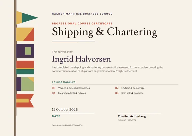 Plum Pennant Shipping & Chartering Course Certificate template, A4 landscape, in plum
