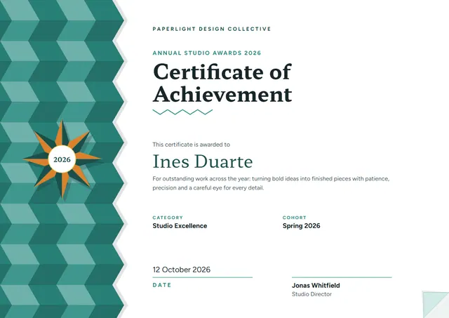 Jade Starry Certificate of Achievement template, A4 landscape, in jade