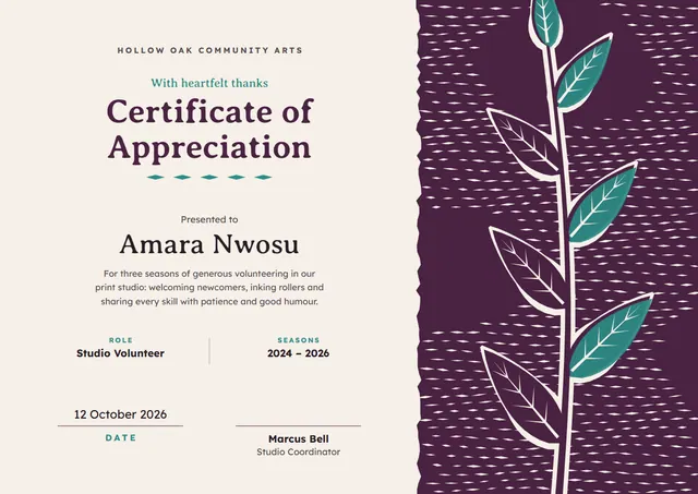 Plum Leafy Certificate of Appreciation template, A4 landscape, in plum