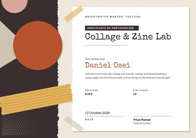 Terracotta Sunburst Certificate of Participation template, A4 landscape, in terracotta